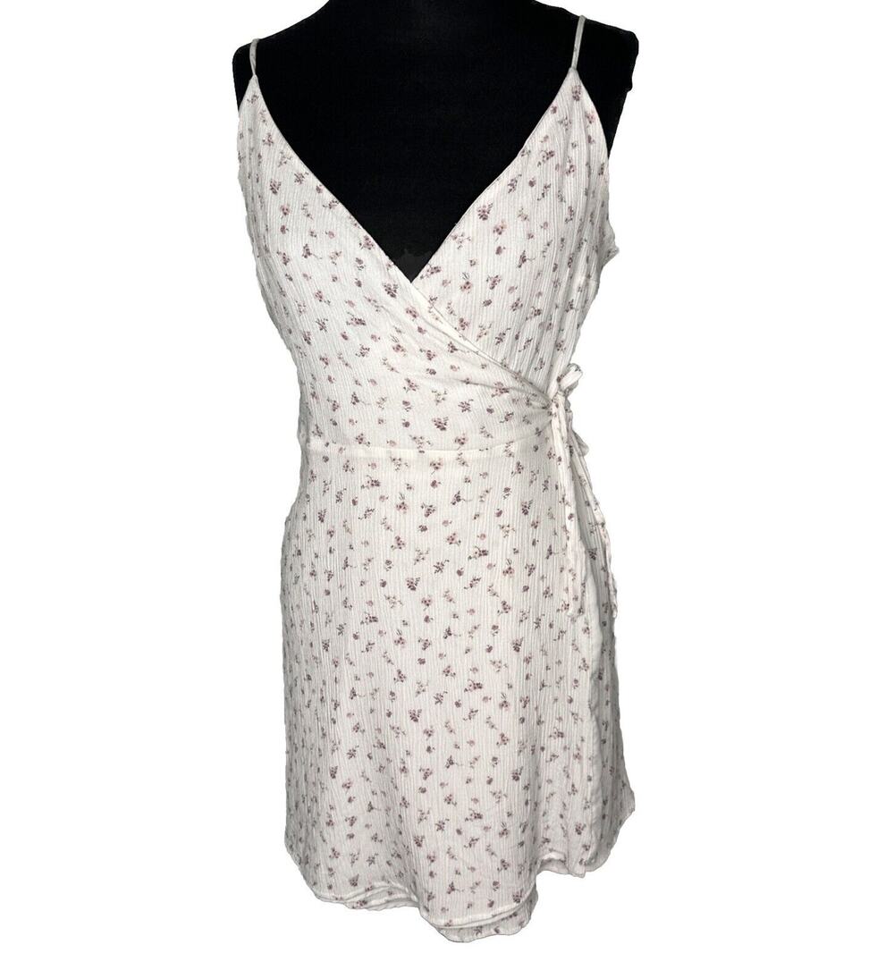 VTG Hollister White Shabby Chic Ditsy Floral Mini Wrap Dress Womens Large Fairy